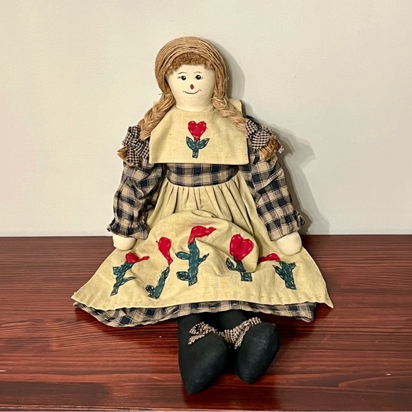 VTG Country Rustic Fabric Doll Shelf Sitter Gingham Dress Apron Primitive 23” - Picture 2 of 5